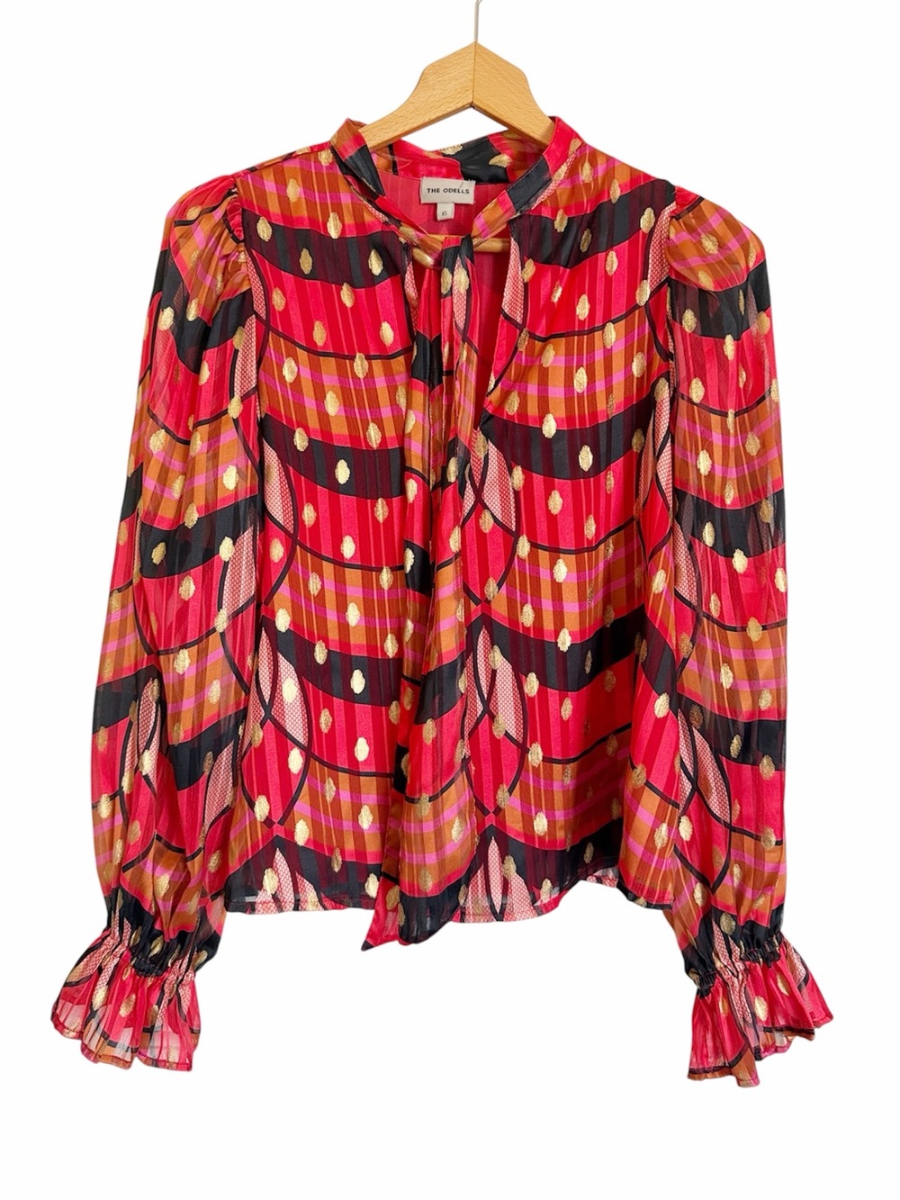 The Odells Elodie Cherry Multi Long Sleeve Tie Front Red Gold Blouse size XS